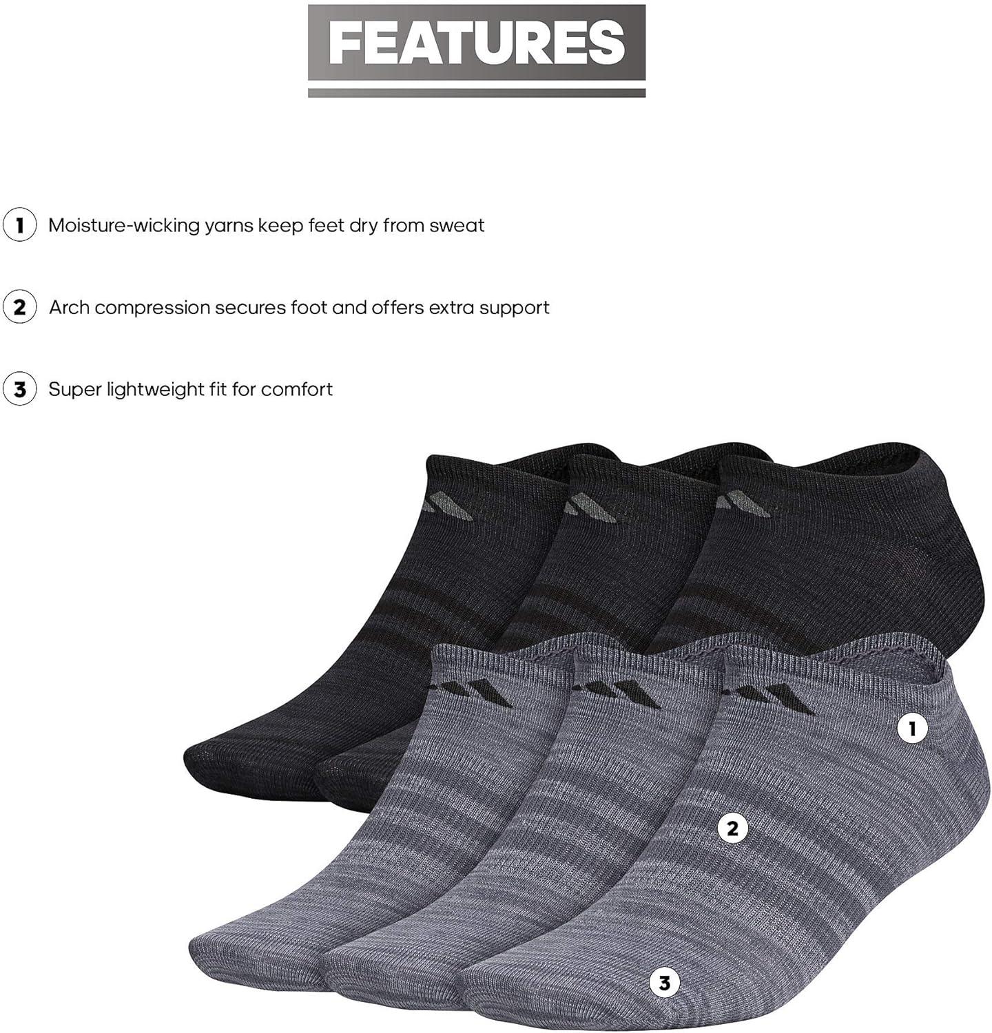 imageadidas Mens Superlite No Show Socks 6Pair Pack Low Profile Below AnkleOnix GreyGreyBlack