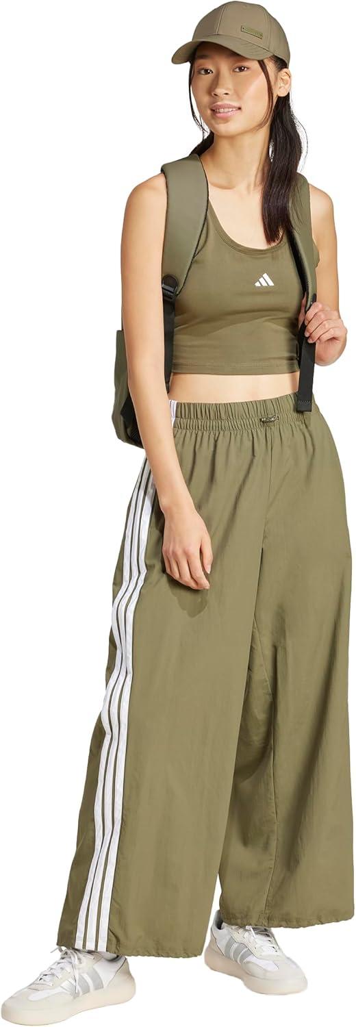 imageadidas Womens Essentials 3Stripes Woven Parachute PantsOlive StrataWhite