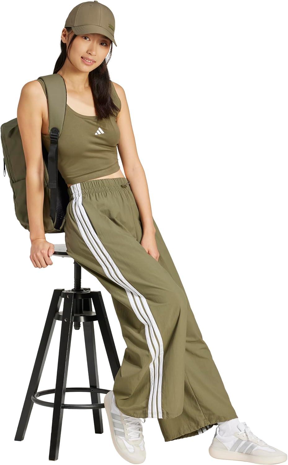 imageadidas Womens Essentials 3Stripes Woven Parachute PantsOlive StrataWhite