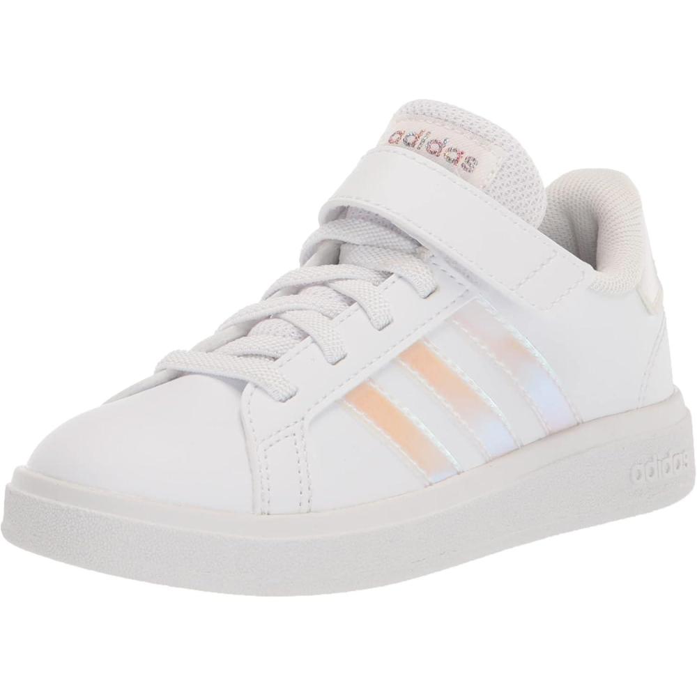 imageadidas Kids Grand Court 20 Elastic Lace ampamp Strap ShoesFtwr WhiteIridescentFtwr White Elastic