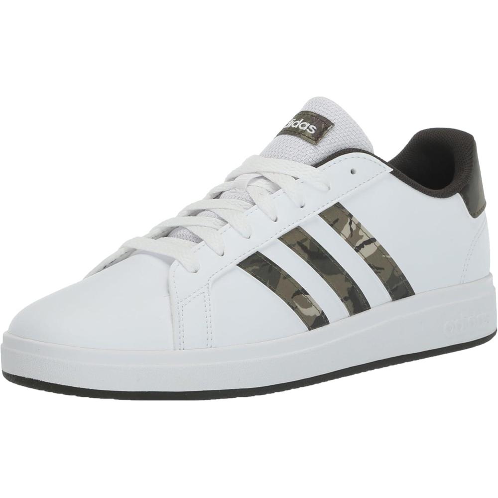 imageadidas Kids Grand Court 20 Elastic Lace ampamp Strap ShoesWhiteOlive StrataShadow Olive