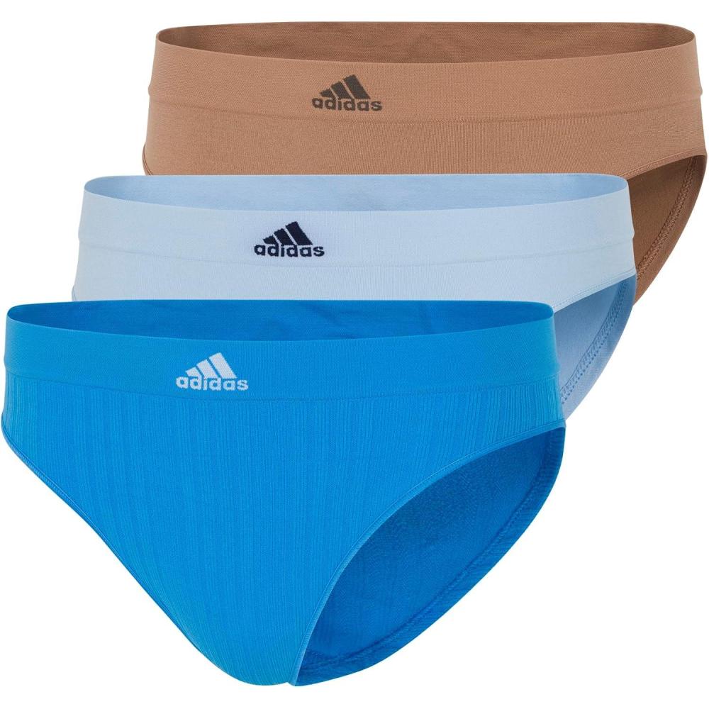 imageadidas womens Seamless Hipster Underwear 3 PackPulse Blue RibbedClear SkyToasted Almond