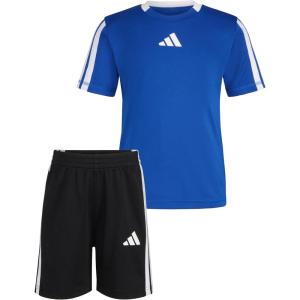 imageadidas Boys Short Sleeve 3Stripe Soccer Tee Shirt and Short SetTeam Royal Blue
