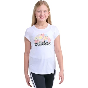 image:imageadidas Girls Short Sleeve Logo Graphic TShirt  Soft Cotton or Cotton Blend Jersey Tee Ribbed CrewneckWhite